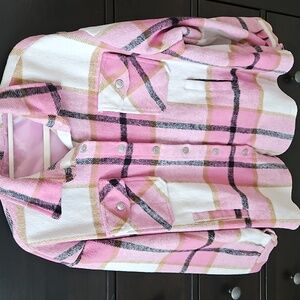 Pink and White Plaid Button-Up Jacket
